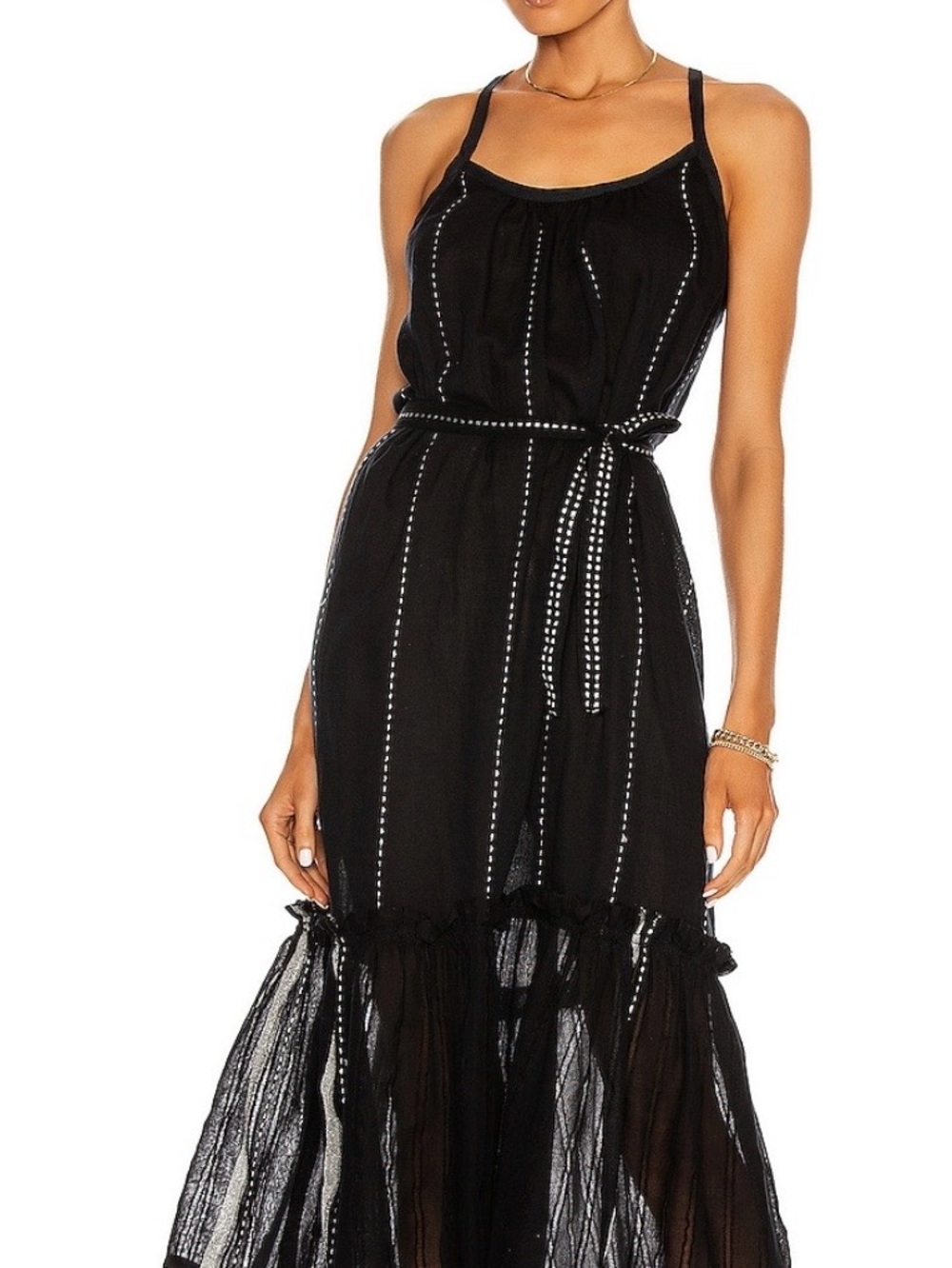 Lemlem Black Spaghetti-Strap Midi Dress with Tie Waist and Sheer Tier